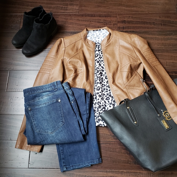 Made By Johnny Jackets & Blazers - Congac Faux Leather Moto Jacket Made By Johnny